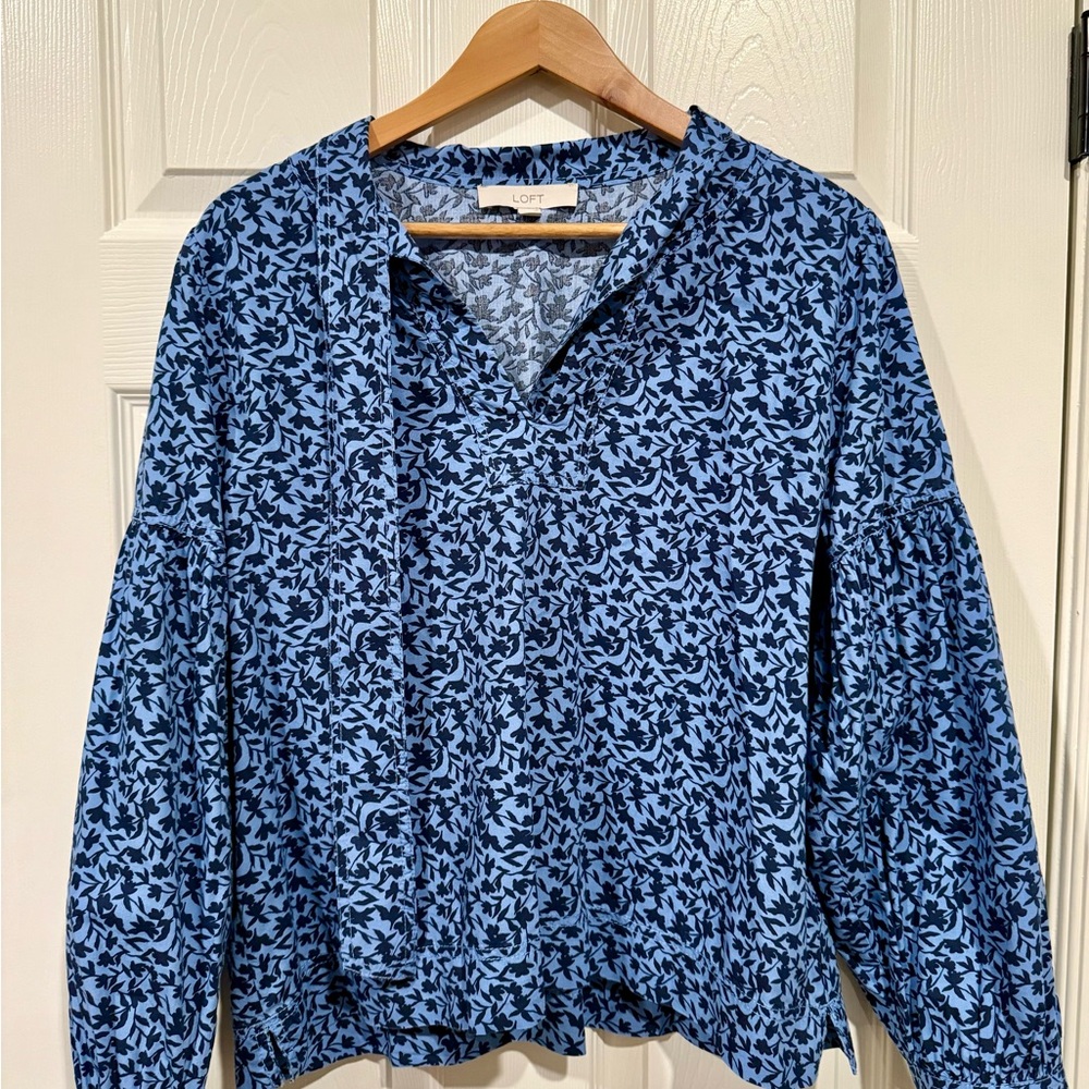 LOFT Blue Patterned Tie Neck Blouse - image 2